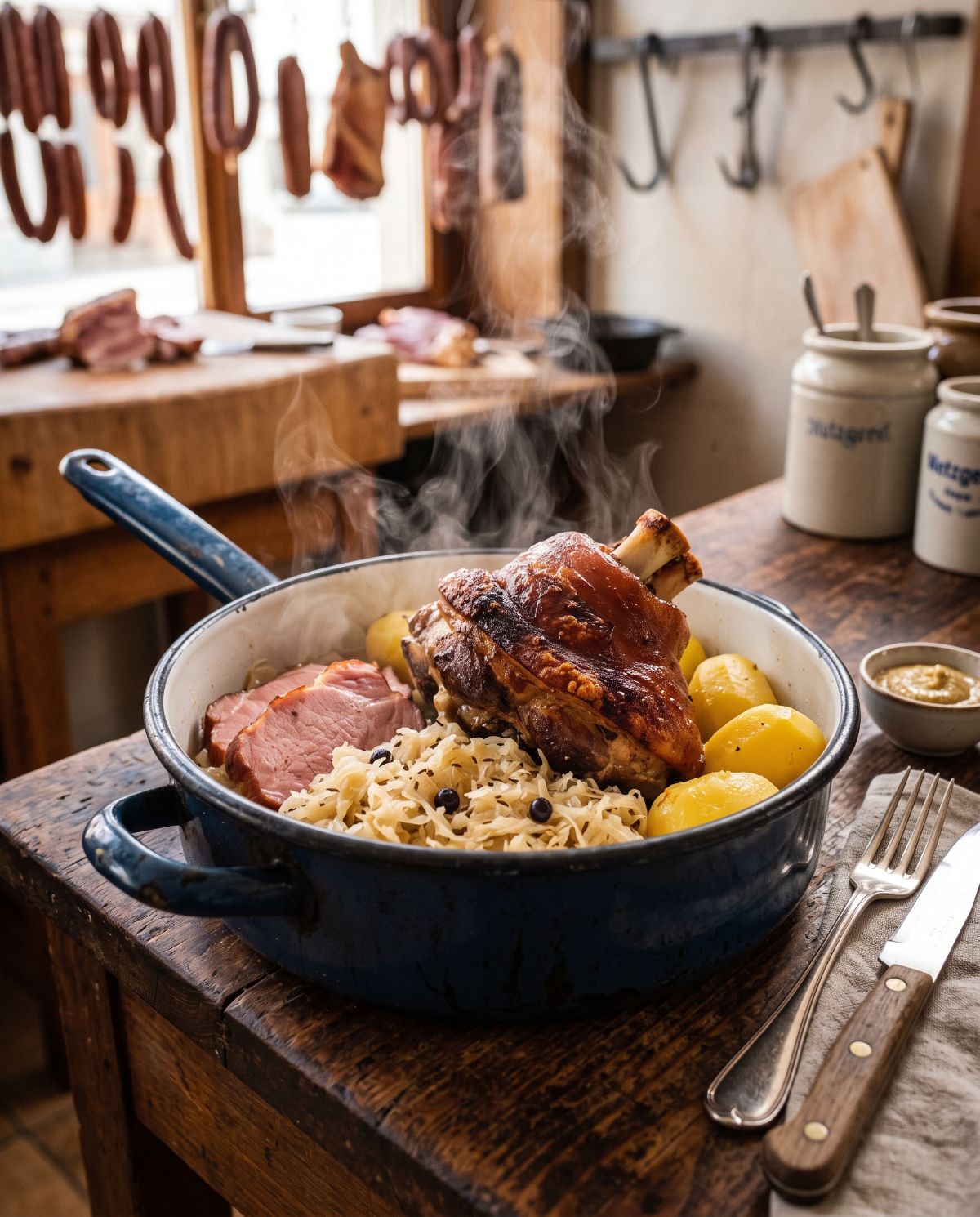 Heisse Gnagi und Rippli mit Sauerkraut im Topf