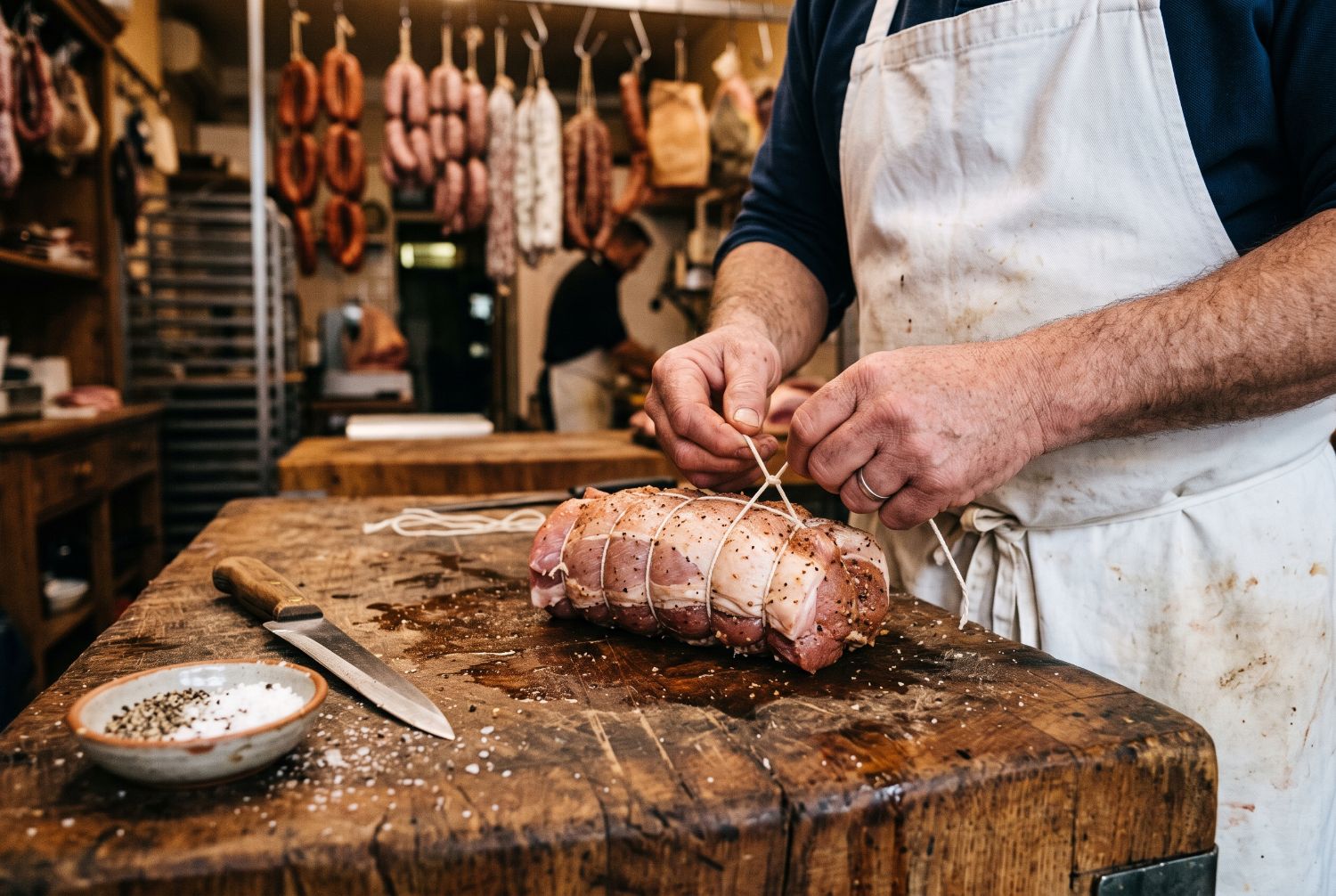 Ein Braten wird auf dem Holzbrett mit Küchengarn gebunden