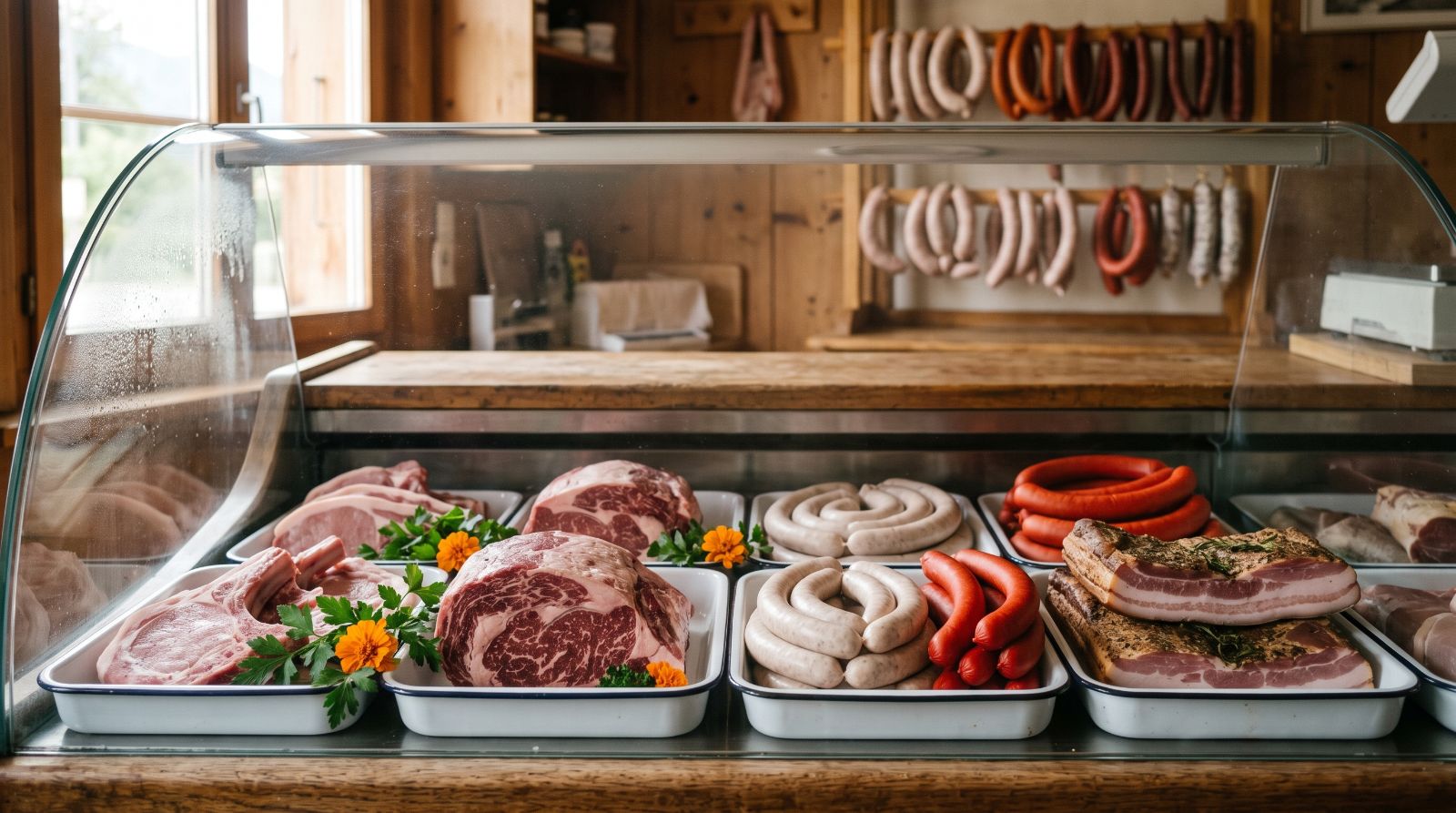 Die Frischfleisch-Theke der Dorfmetzg Jurt mit Koteletten, Bratwürsten und Rippli
