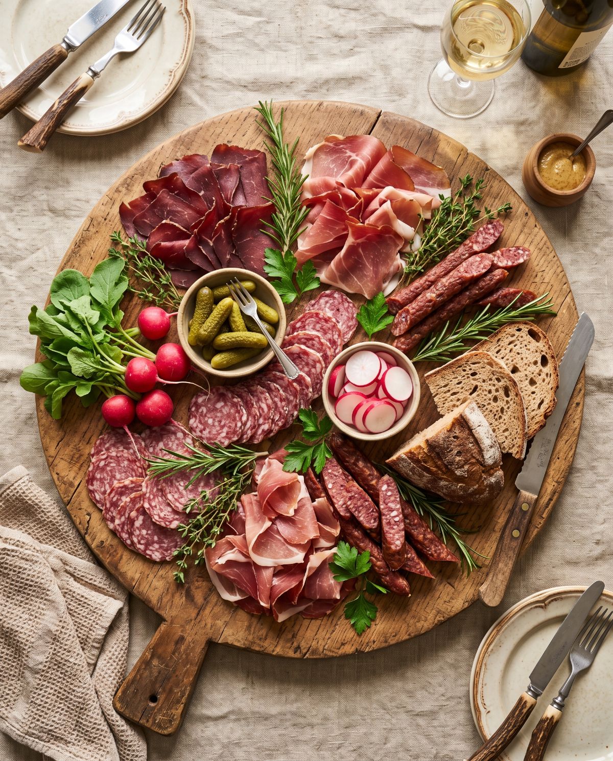 Rustikale Apéro-Platte mit Trockenfleisch, Salami, Schinken und Landjägern