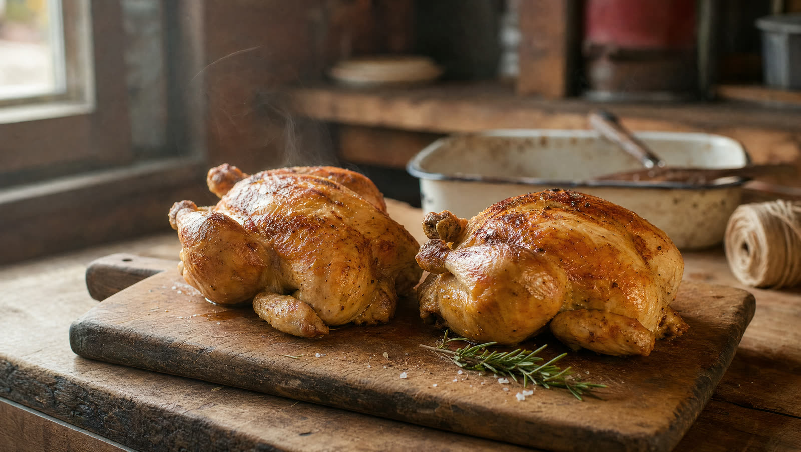 Goldene Grillpoulets auf dem Holzbrett in der Dorfmetzg